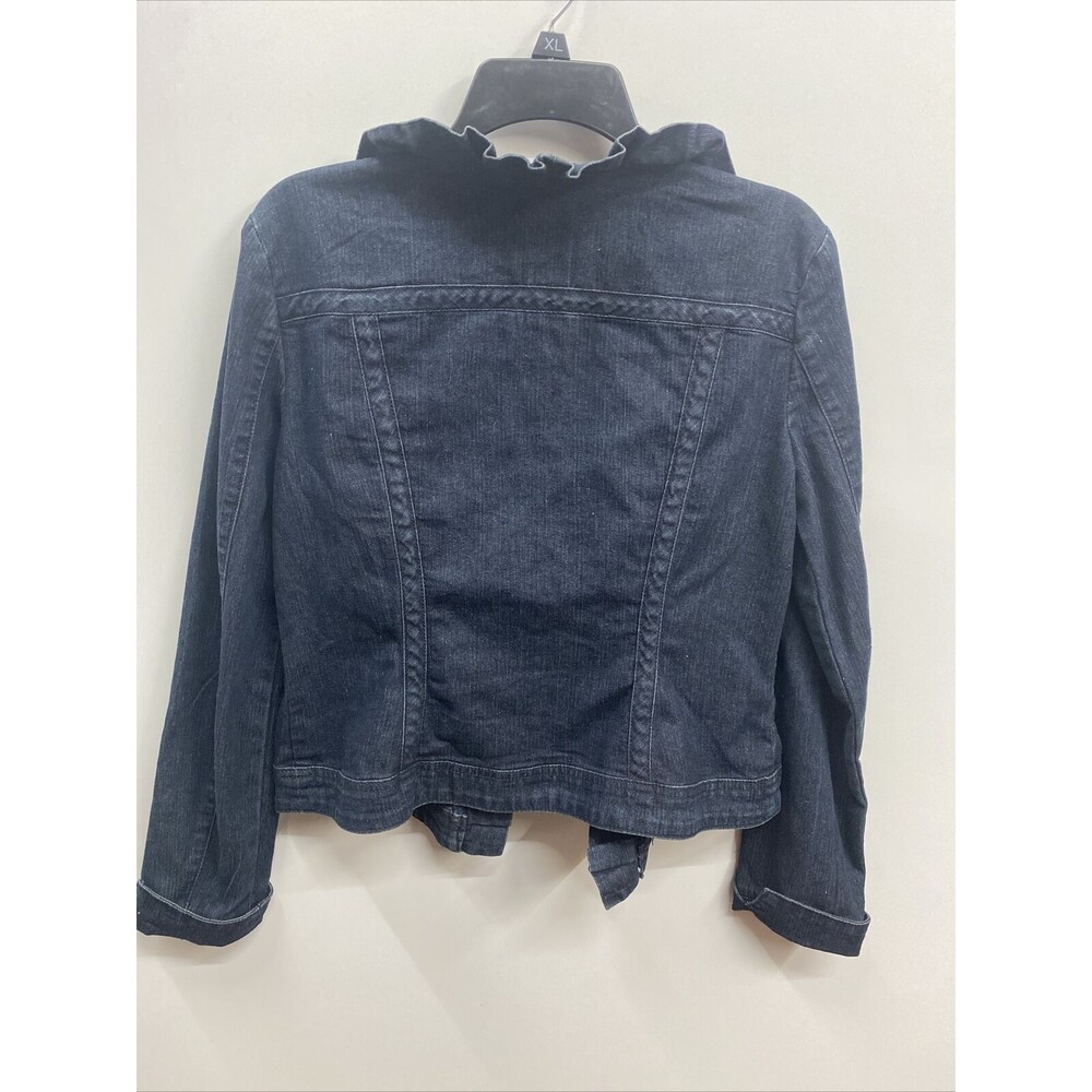 Baccini Denim Jacket Womens Size M Cotton Stretch Ruffled Open Front Dark Wash - Picture 2 of 12